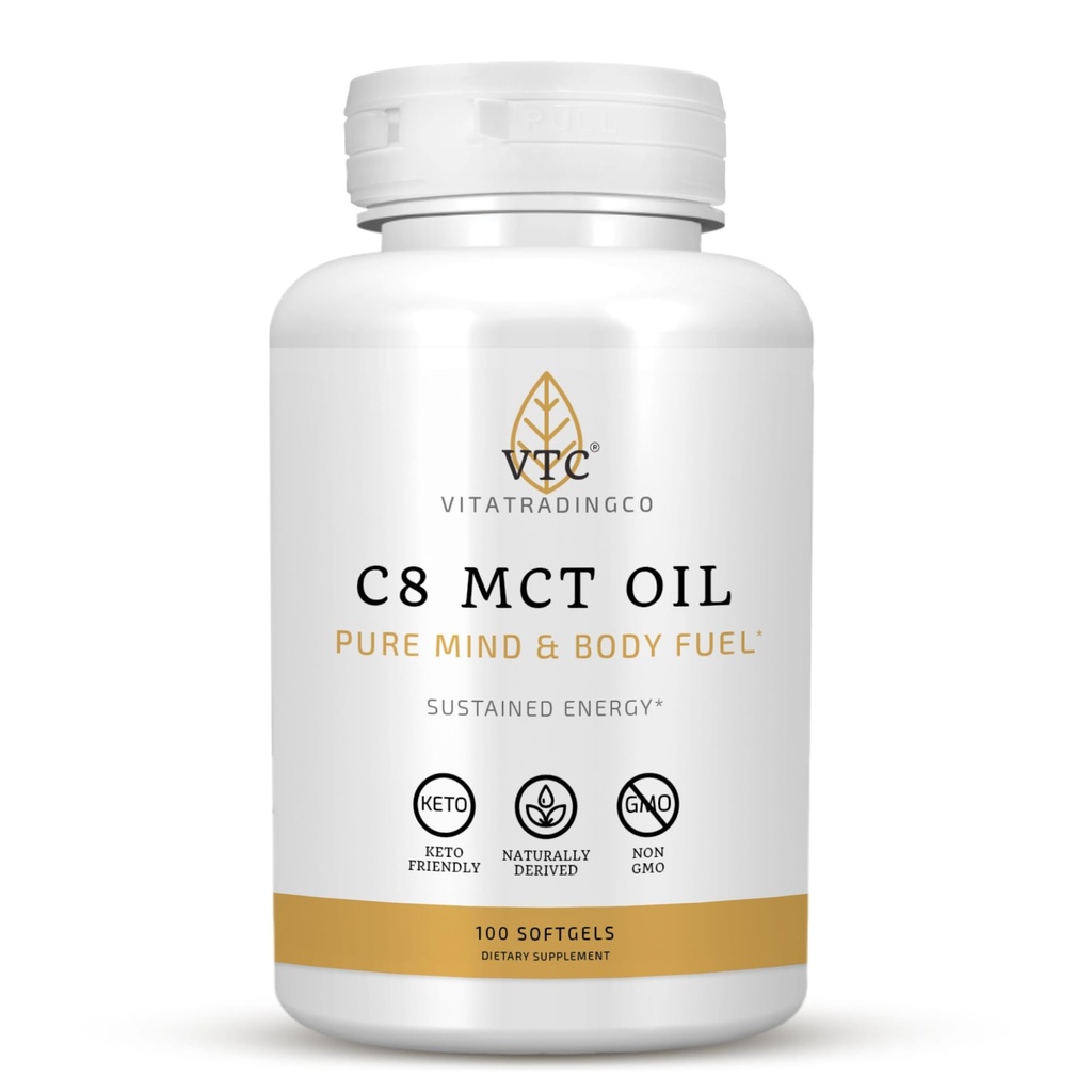 VTC VitaTradingCo. C8 MCT Oil Capsules 天然衍生 Caprylic C8 补充 | Coconut Oil Pills | 持续能源 | Keto 友好,非 GMO | 100 软胶
