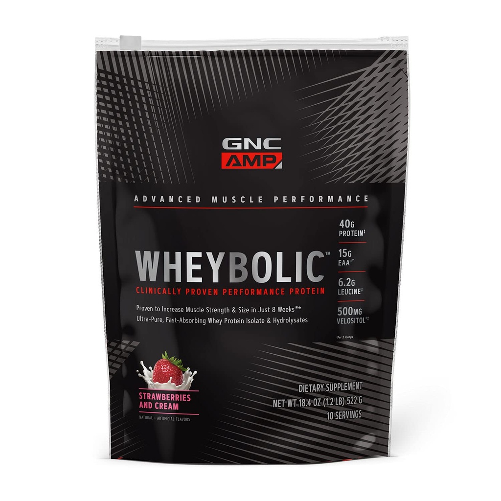 GNC AMP Wheybolic 临床 蛋白质蛋白粉 40g Whey蛋白, BCAA, Leucine, 增强肌肉力量, 肌肉大厦, 第3党测试, Gluten Free, 草莓和奶油, 10名服务员