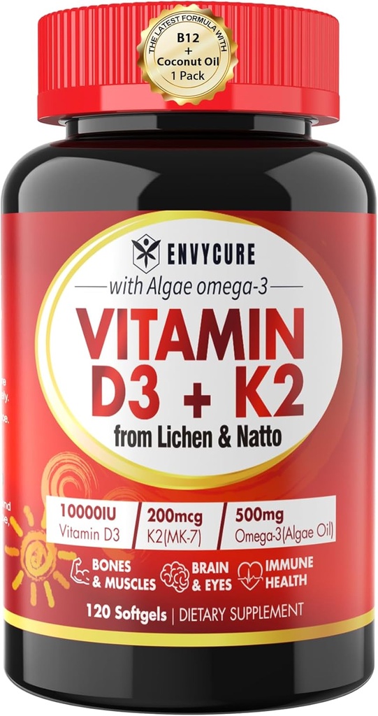 基于植物的维生素D3 K2 补充软胶 - Vit D3 1000 Iu + 维生素K2 Mk7 200 Mcg, Algae Omega-3, 镁, 维生素B12 用于骨骼和肌肉, 免疫支持, Max 吸收, 易向燕子 1 pack