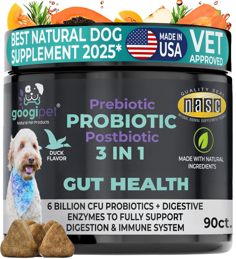 Googipet Probios for Dogs 消化性健康 - Prebiotics and Probiotics Chews for Dogs Gut Health + 消化性酶 - Yeast Itchy Skin Ichy Ears w/Papaya, Pumpkin, & Fiber 的狗生素