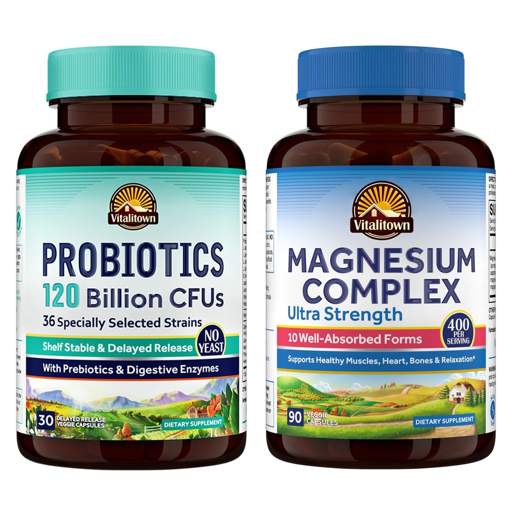 Vitalitown Probiotic + Magnesium Bundle (Pack of 2) + Probiotics 120亿(项目1) & 6-in-1 Magnesium Complex (项目2) + Gut, Bone, Muscle, Sleep Health + Vegan + 30 Capsules & 120 Capsules
