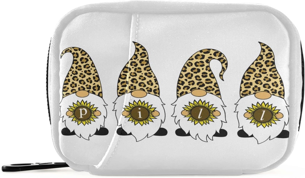 Leopard Gnomes Sunflower Pill Box 7 Day Pill案 旅行 Pill 组织者包,配有Zipper Portable Weekly Case Contract 大小的维生素补充持有者