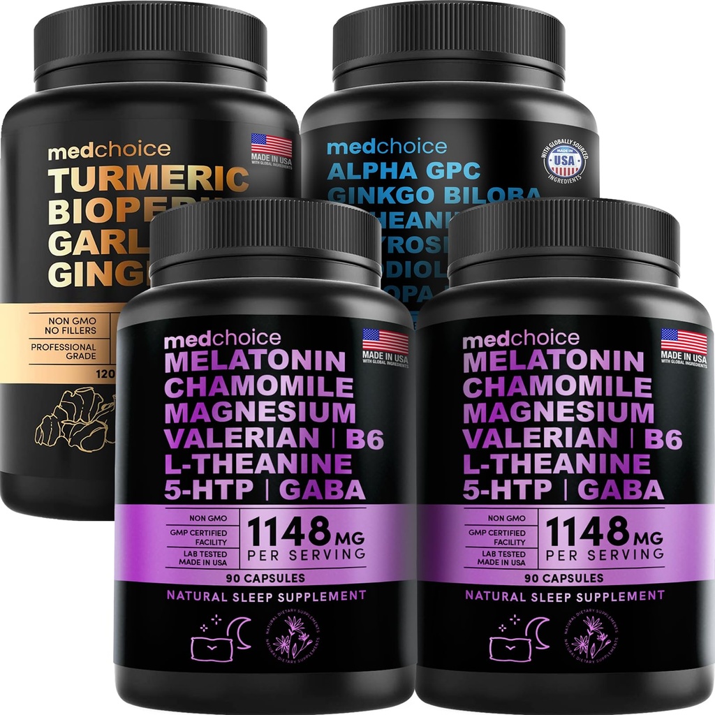 MEDCHOICE Turmeric & Ginger (120ct), Sleep Melatonin (180ct), 和 Nootrotic Brain (60ct) 补充 Bundle - 脑,睡眠,和免疫支持三重体 - Vegan, Non-GMO, Gluten-Free