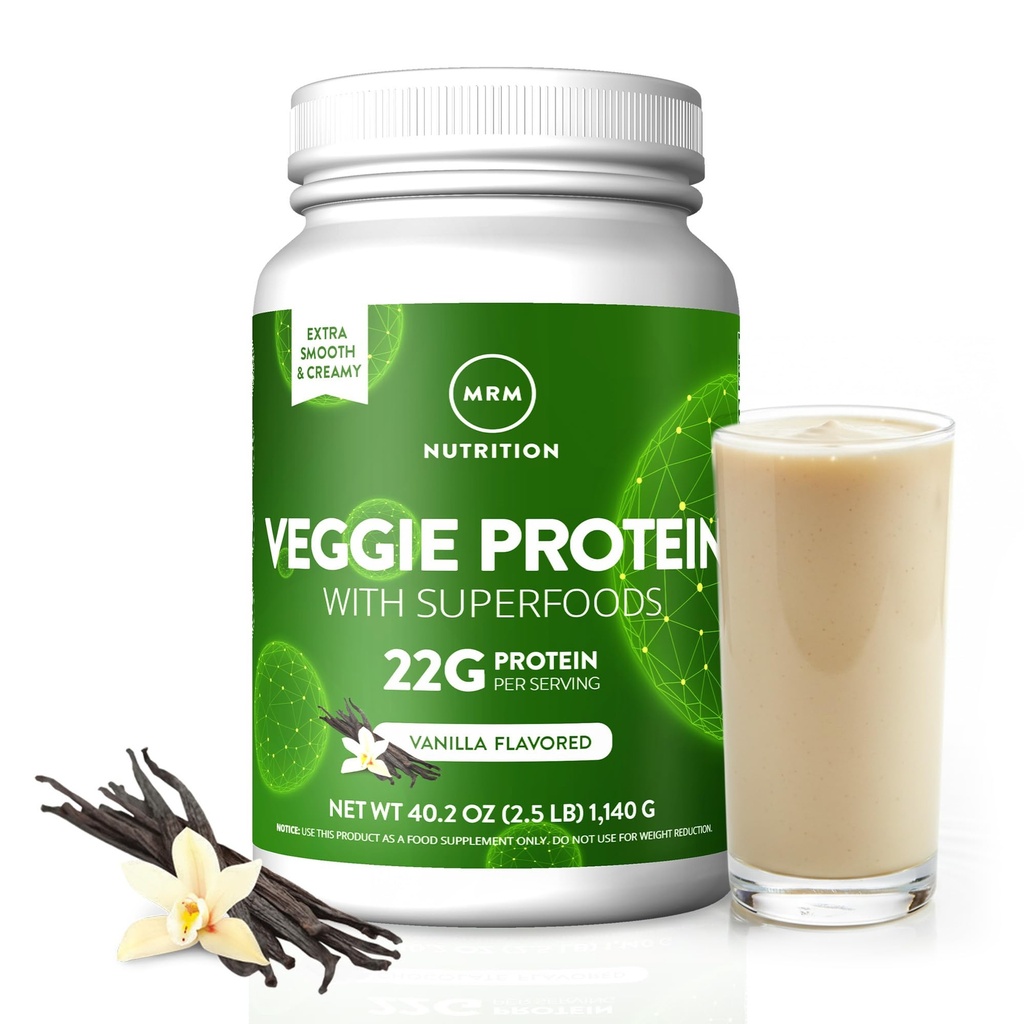 MRM 营养 Vegie 蛋白与超级食品 QQ 香草糖 22g 完整蛋白 超过8.8g 基本氨基酸 13 超级食品 Omega 3s 和 Omega 6s QQ Keto 友好 33 服务