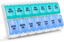 Sukuos AM PM周刊 7日药丸组织者,2 Times A日药盒 手持关节炎友好按键 维生素/鱼油/补充剂的药物案例,易清洁(青蓝)