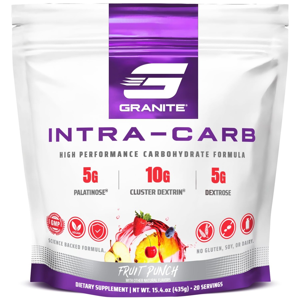 Granite Intra Carb粉、水果冲锋、高性能Carbohydrate 混合剂,配有Cluster Dextrin、Palatinose、 & Dextrose、支持能源和培训(20架)