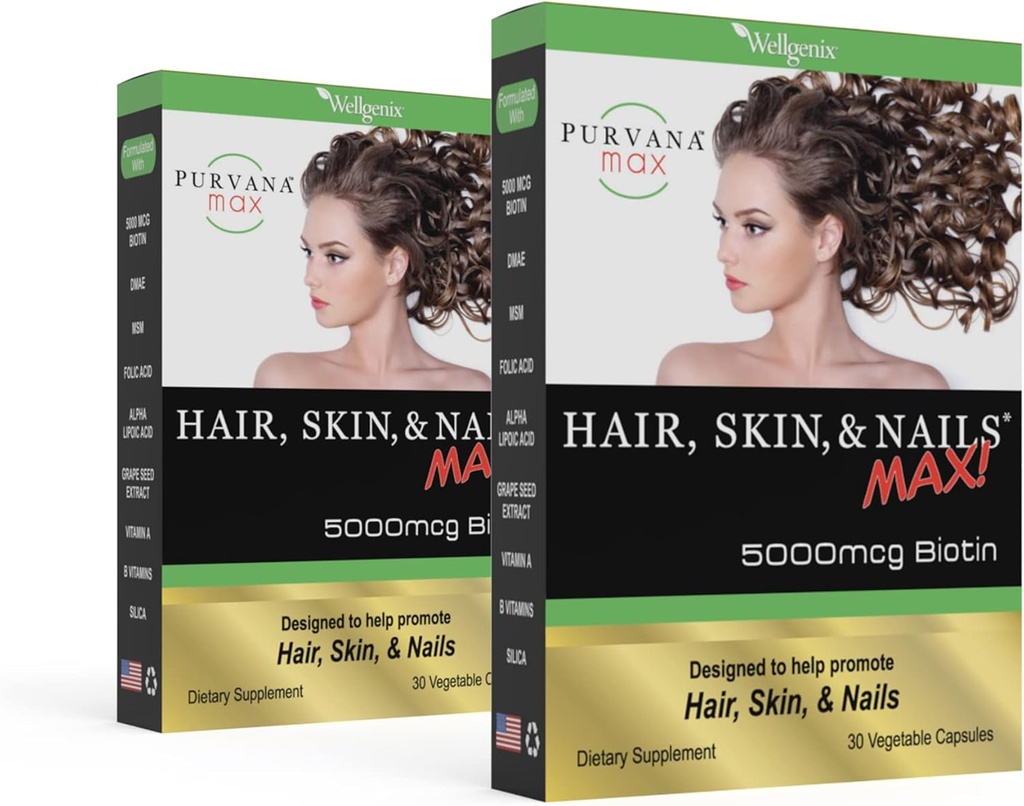Purvana Max hair, Skin, and Nails Vitamin - 5000mcg Biotin, Folic Acid, DMAE, Grape种子提取 - 一天一次 Vegan hair, Skin, Nails 支持 - 推广凝胶生产 - 30 caps (Pack of 2)