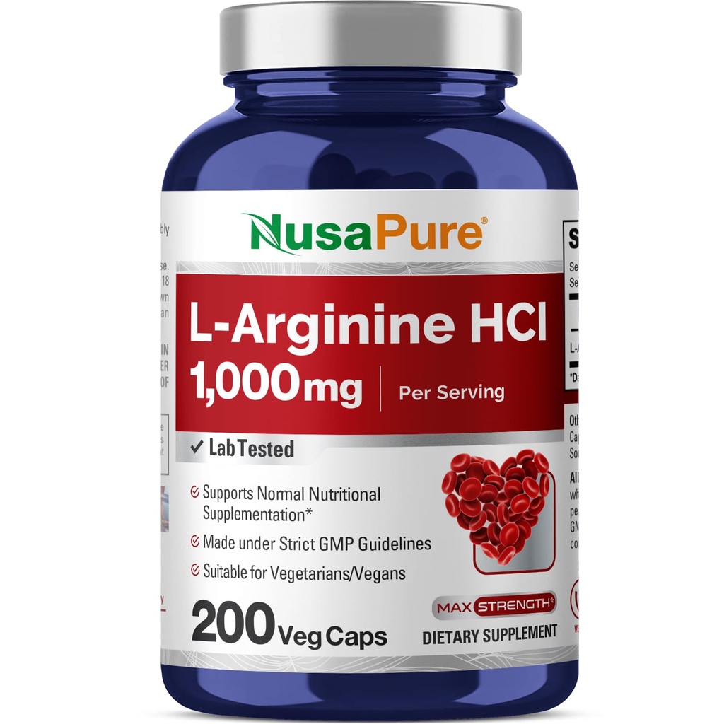 NusaPure L-Arginine 1000 mg 200 Veggie Capsules(非GMO、蔬菜、Vegan)