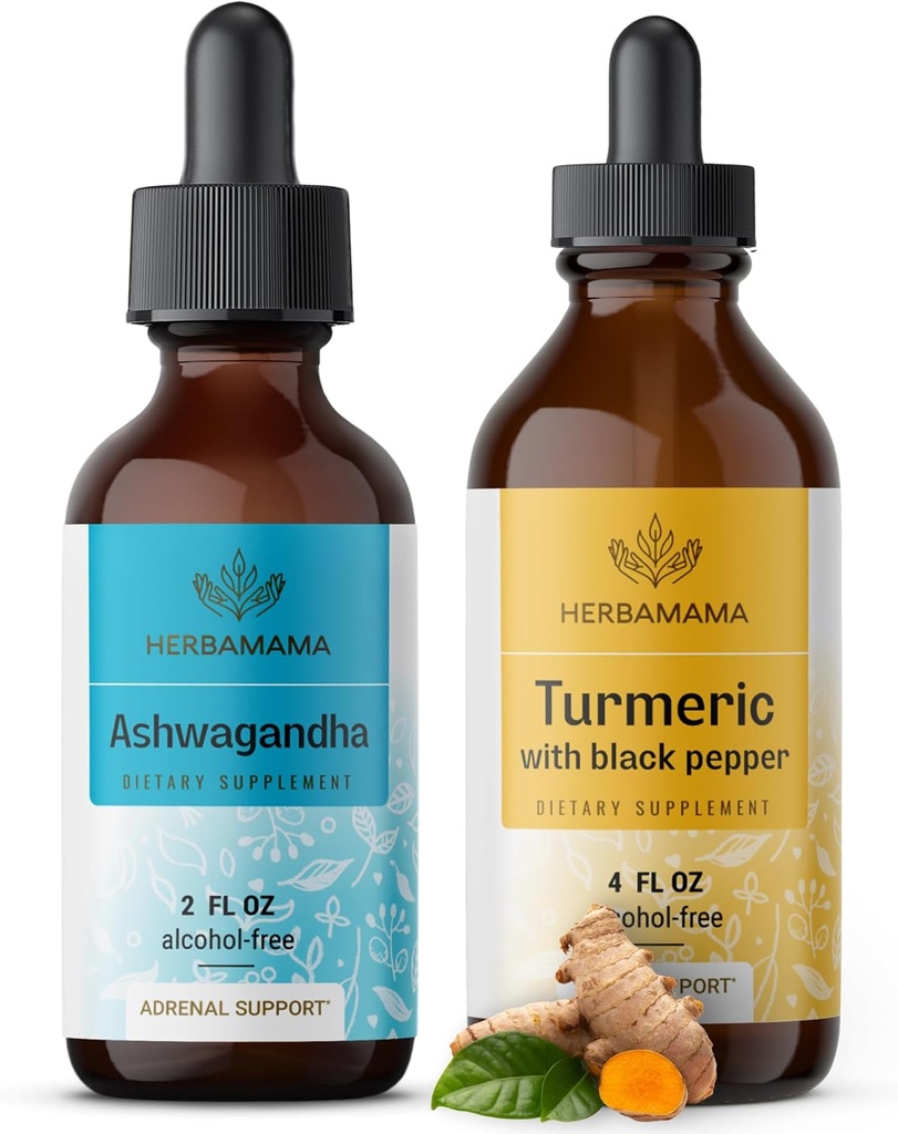 HERBAMAMA 草药液滴 Kit - Ashwagandha 根提取和涡轮装配黑椒丁 2 fl oz - Vegan, Non-GMO,糖和无酒精 - 2 Pack