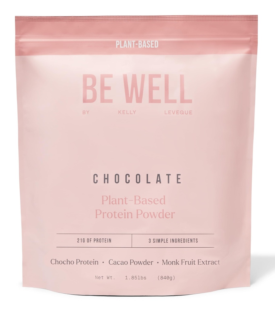 Be Well By Kelly Chocolate Plant-Based Protein Powder, Vegan 21G Protein 9G Fiber 1 NetCarb (3 Ingredients, 20 Servings) 9 Amino Acids 3 BCAAs No Soy, No Dairy, Stevia-Free No Sugar Added 1.85lb 840g
