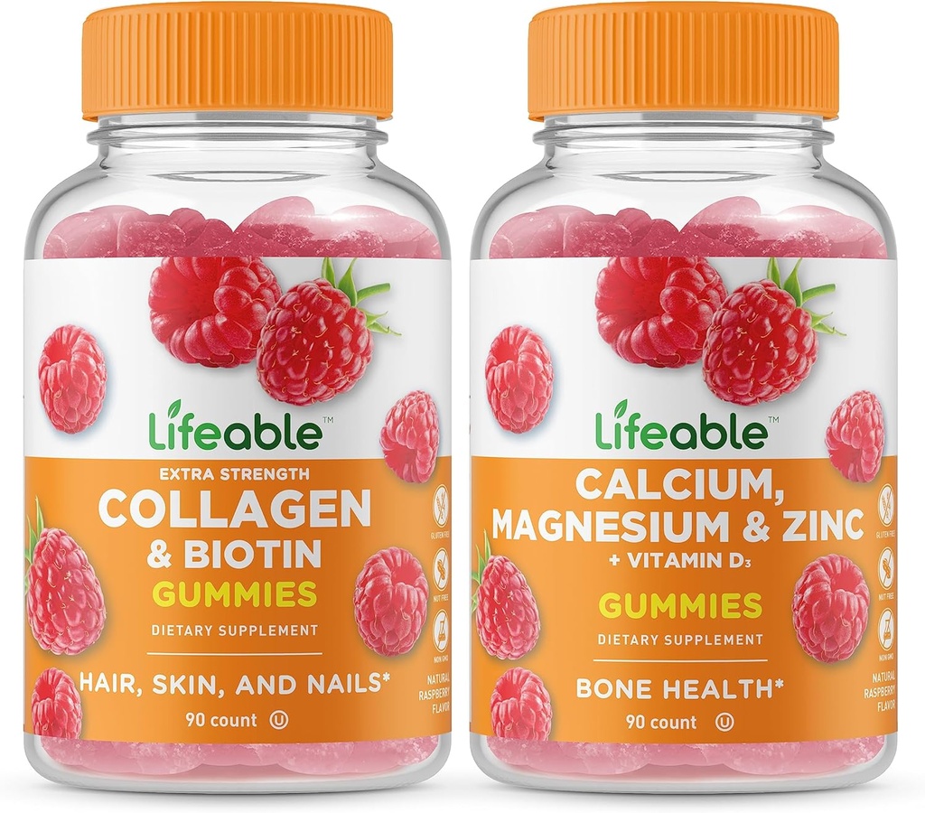 活性Collagen & Biotin + 钙,镁,锌和维生素D,Gummys Bundle - Great Tasting, Vitamin Supplement, Gluten Free, GMO Free, Chewwable Gummy (英语).