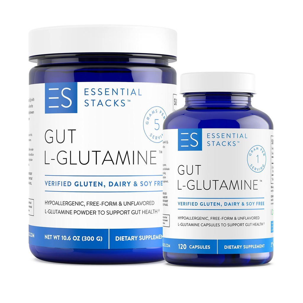基本堆栈 L- Glutamine 家园和远方套装 - L Glutamine 粉末和卡普苏莱