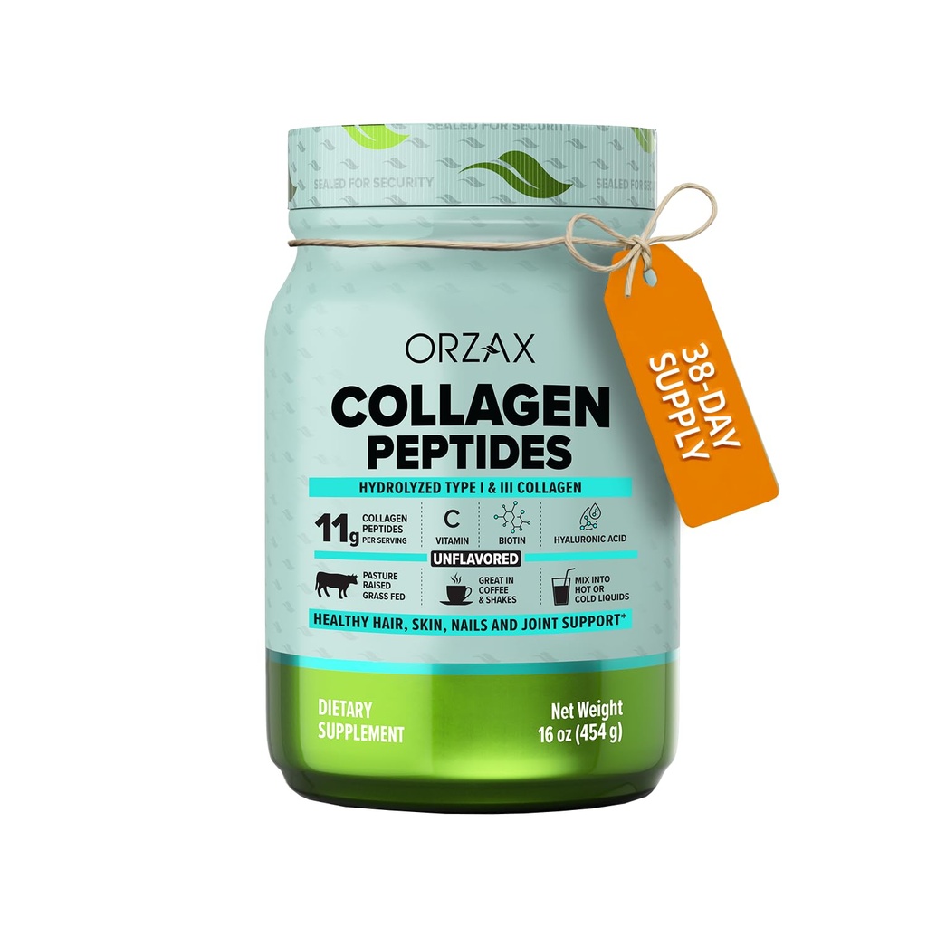 ORZAX Collagen Peptides Powder - 11 g Collagen类型I & III, Biotin & Hyaluronic Acid, 16 oz(未味)