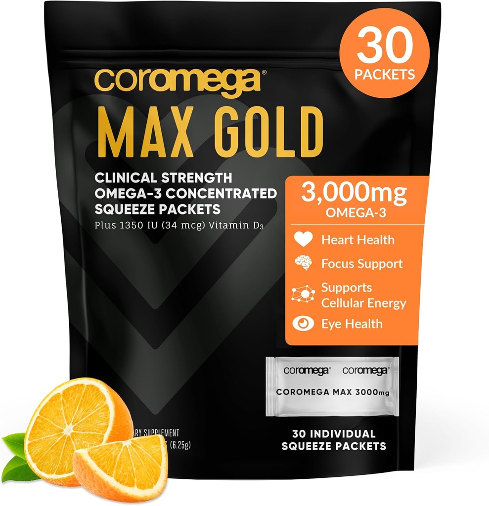 Coromega MAX Gold 3000mg Omega-3 鱼油 + 维生素 D 挤压包,野味,无鱼味 - 3X 优于软胶,支持脑和心脏健康(30种服务,橙色火焰)