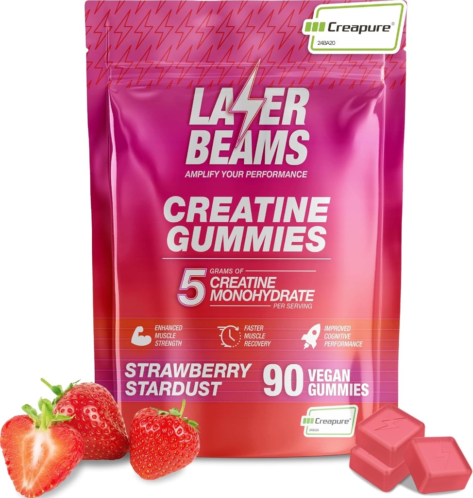 Creatine Monohydrate Gummys - 5g Creapure Creatine per service - Vegan - 肌肉增强、耐力、恢复和精神重点 - 90 Gummys, Gluten-Free(草莓)