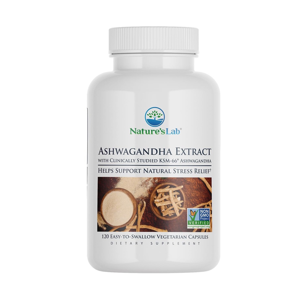 自然实验室额外力量 Ashwagandha KSM 66 抽取 - 5% Withanolides,纯有机 Ashwagandha 根粉 - 支持压力缓解、重点和力量支持 * - 120 Ct(60天供应)