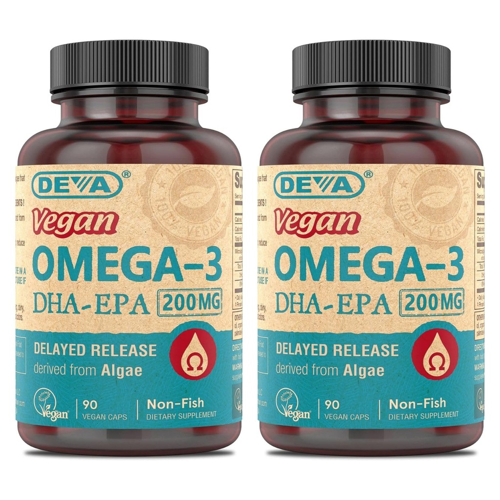 DEVA VAGAN Omega-3 DHA-EPA,来自微型藻类,延迟释放,90 VAGAN Capsules (Pack of 2).