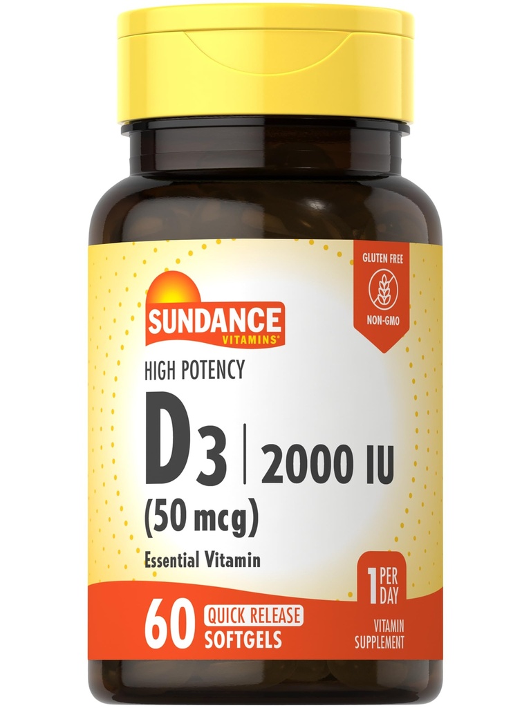 Sundance Vitamin D3 2000 IU QQ 60 快速释放软胶 QQ 高概率 QN-GMO 和 Gluten 免费补充