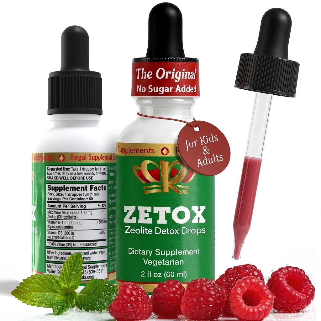 ZETOX 用于儿童和成年人的Zeolite Detox 用于甲基维生素B12和D3 用于强化的Premium级液体 Clinoptiolite Zeolite Drops 用于支持Gentle Daily Detox,能量和焦点(60位服务员)