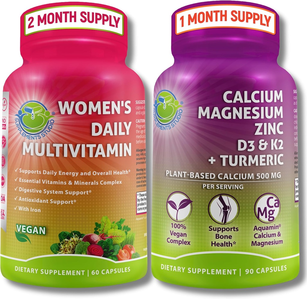 SUPPMENTS STUDIO 综合健康与骨质健康包 - 妇女日报 配有铁+厂基钙,镁,锌,D3,K2 & Turmeric - Vegan,非GMO,清洁原料