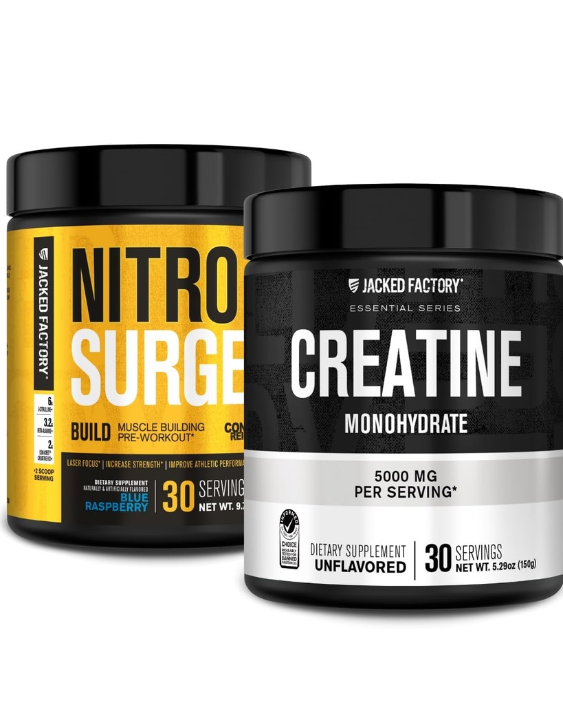 Jaked Factory Nitrosurge为肌肉建筑(30架服务、蓝树莓)和Creatine Monohydrate粉为肌肉生长和恢复(30架服务、无味)建造预工