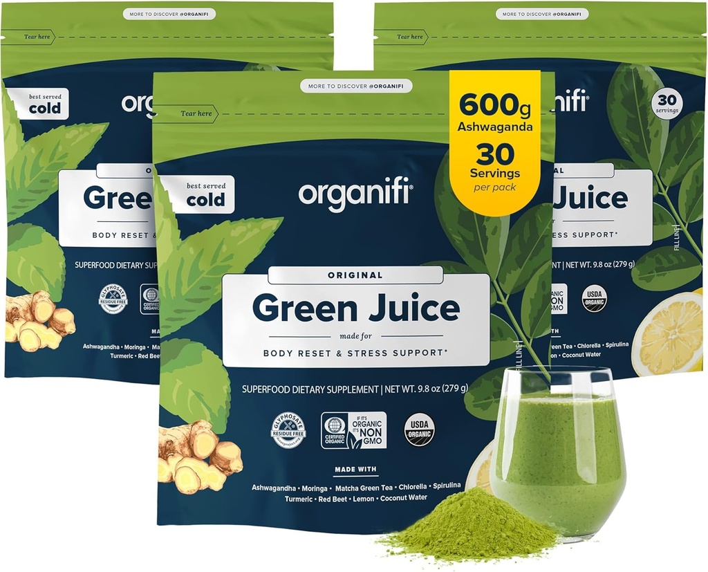 Organifi Green Juice - 有机超级食品粉 - 90天供应 - 有机维冈绿地 - 帮助降低科蒂索尔 - 提供更好的应激反应 - 支持体重控制 - 全身健康