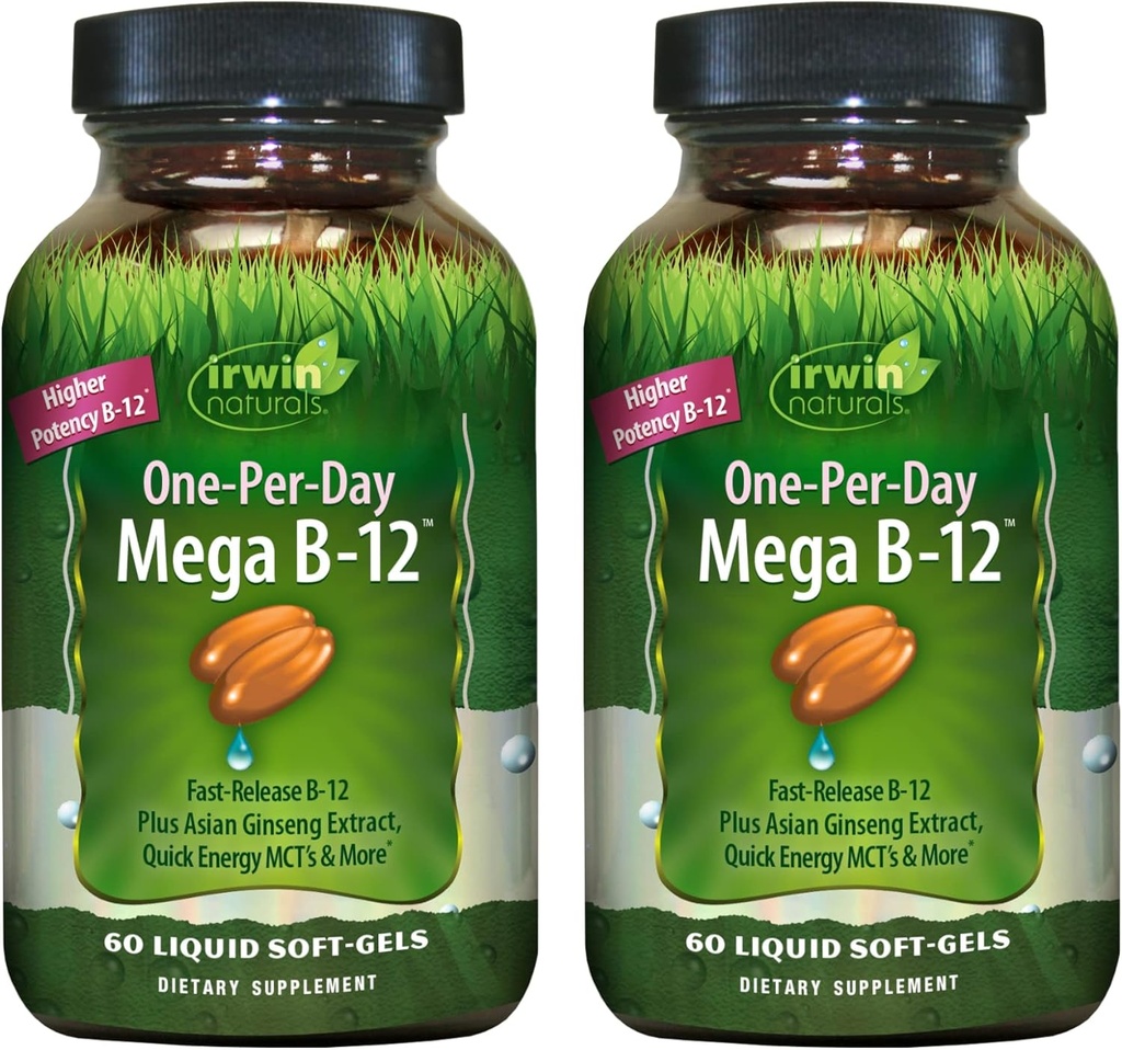 Irwin Naturals One-Per-Day Mega B-12 1,500mcg 高潜力甲基Cobalamin 维生素 - 快速增强吸收MCT + Asian Ginseng - 自然能源促进器 - 60 液态软胶(Pack of 2)