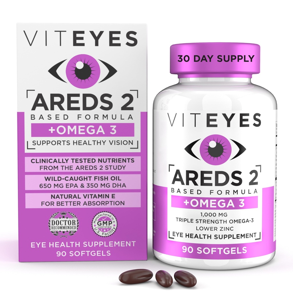 Viteyes AREDS 2 + Omega-3 Macular Health Formation Softgels, 三重强度 Omega-3 (650毫克环保局,350毫克DHA),眼科健康维他命保护,90 软胶