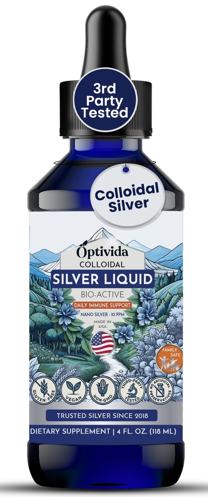 Optivida Health Colloidal Silver Liquid (4 oz) – Premium Nano Silver Colloidal Suppose for Daily Wellness & Immune Support, 成人与儿童天然液体银水溶液,非GMO, Gluten-无