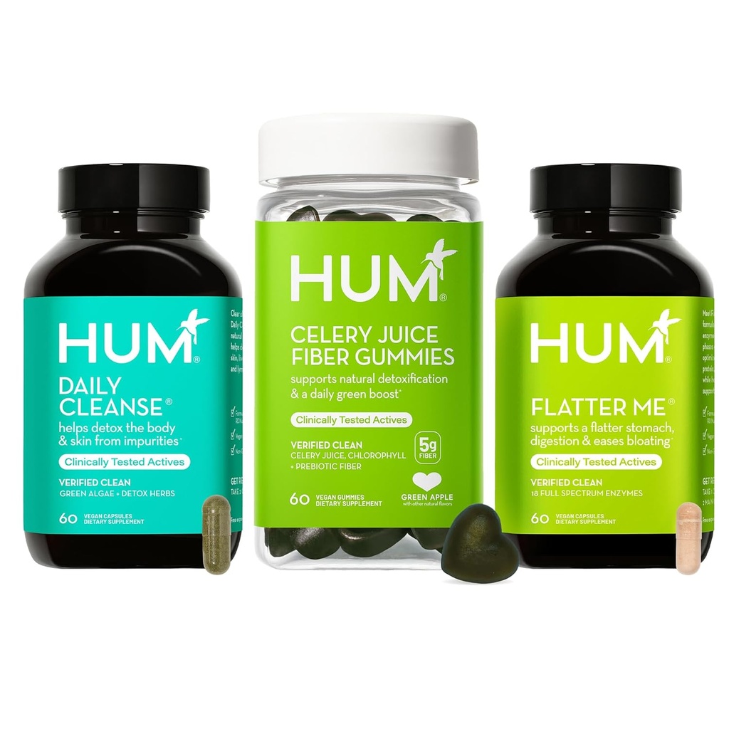 HUM Green Detox Bundle 配有 Flatter Me 消化酶, Daily Cleanse Acne Supplement, 以及 Celery 配有氯phy的果汁 Fiber Gummys, 3-Step Wellness Set, 支持消化和古特健康