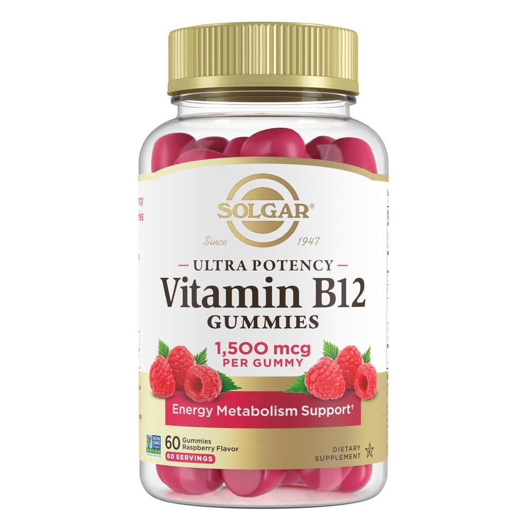 Solgar Methyl B12 成人食品 1,500mcg 超概率维生素用于能源和代谢支持、Raspberry Flavor、Vegan & Gluten-Free Gummy for Men-Men-Men-Men-2月供应、60次服务、2克糖