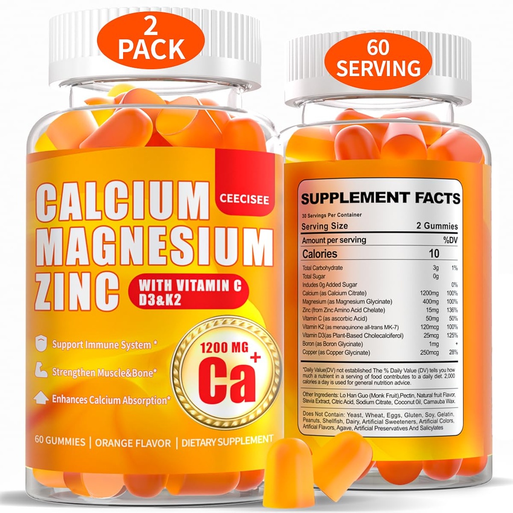 男子镁酸钙:1,200mg 钙 Citrate Zinc Gummy配有维生素C D3 K2 - Vegan Free Chewable High Acception Enegy Immune支助补编(120 Count)