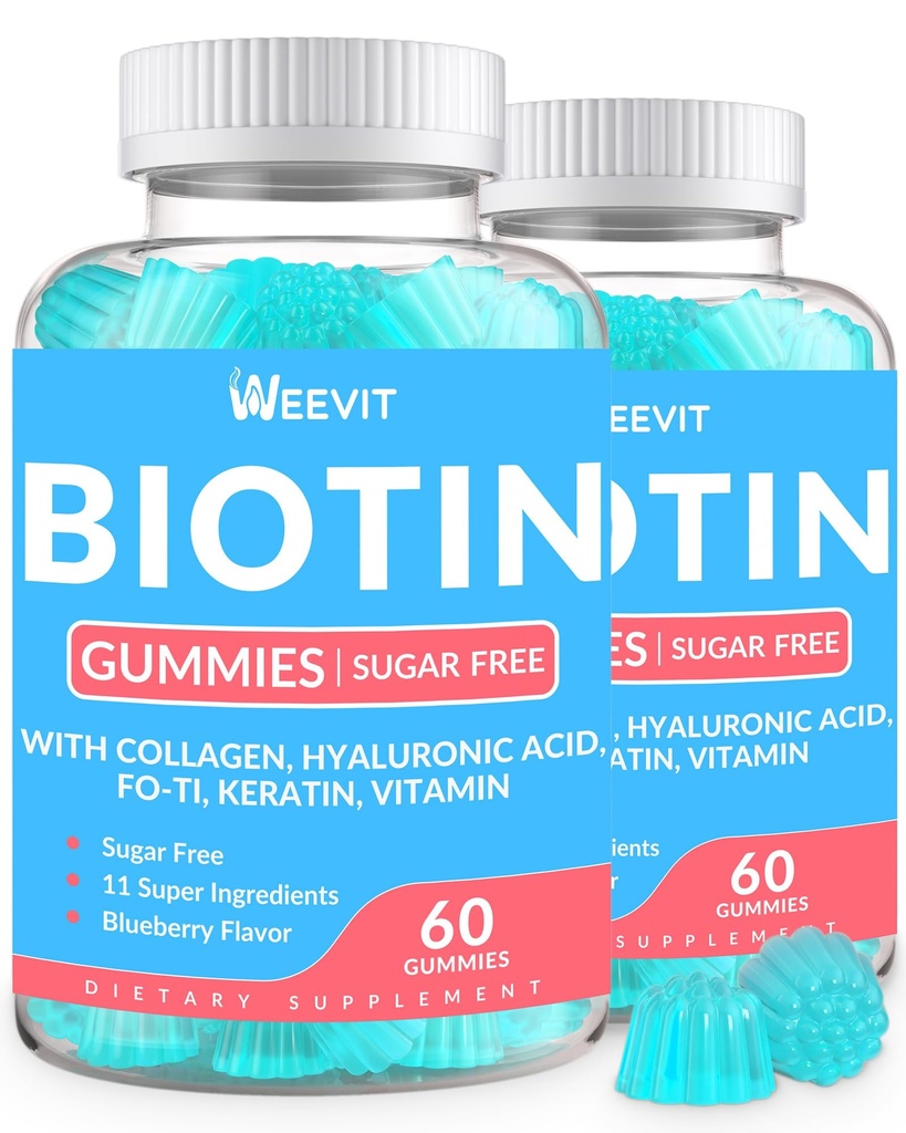 不含糖的生物素、含有Keratin的生物素和Collagen Gummys、女性和男性的Hyaluronic酸 |头发生长、光皮肤和坚固的钉子 |维生素B7补充剂、非GMO、可嚼