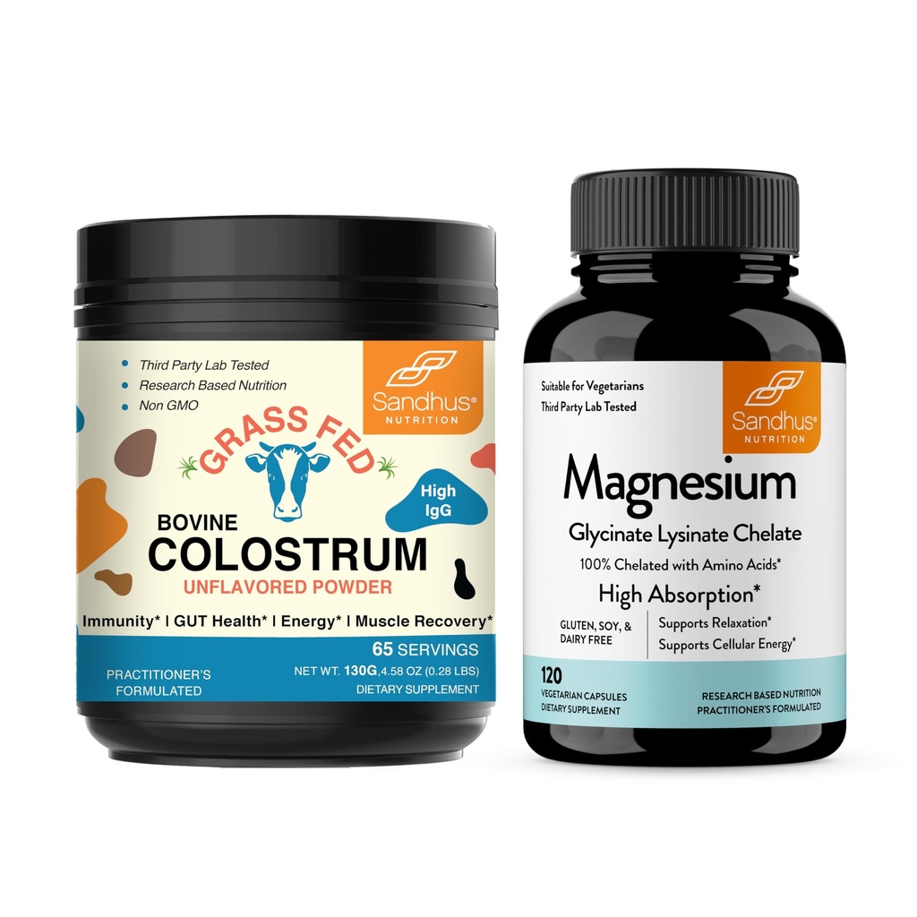 桑德胡的Bovine Colostrum Powder & Magnesium Glycinate Lysnate Capsules 帮助古特,Immune Heath和睡眠支持