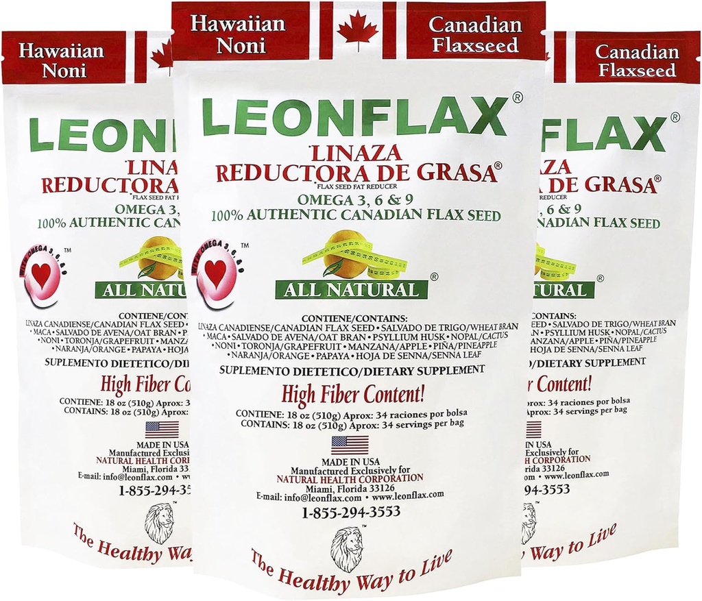 Leonflax, 100% 认证 加拿大 Flax种子,全自然,高纤维含量, 改善你消化健康膳食补充, 18 Oz, Bag, 自然健康公司(3包)