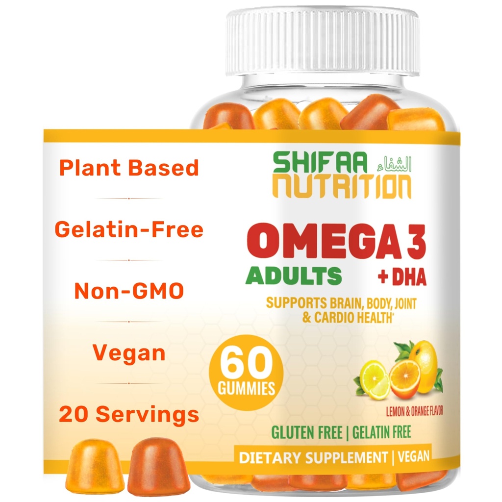 SHIFAA NUTRION VAGAN OMEGA 3 Gummies for adderns | | 无鱼油  Bur  60 60 Gummis | 植物基 w/Chia Oil,藻类| OMEGA 3 6 9 w/DHA,维生素C |为脑,心血管和免疫支持Halal