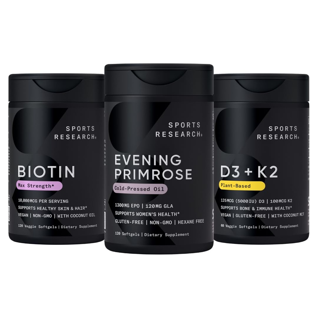 体育研究 Vegan Biotin 10000mcg 与椰油,晚间Primrose 补充来自冷压油和植物基维生素K2 MK7 + Vegan D35000iu