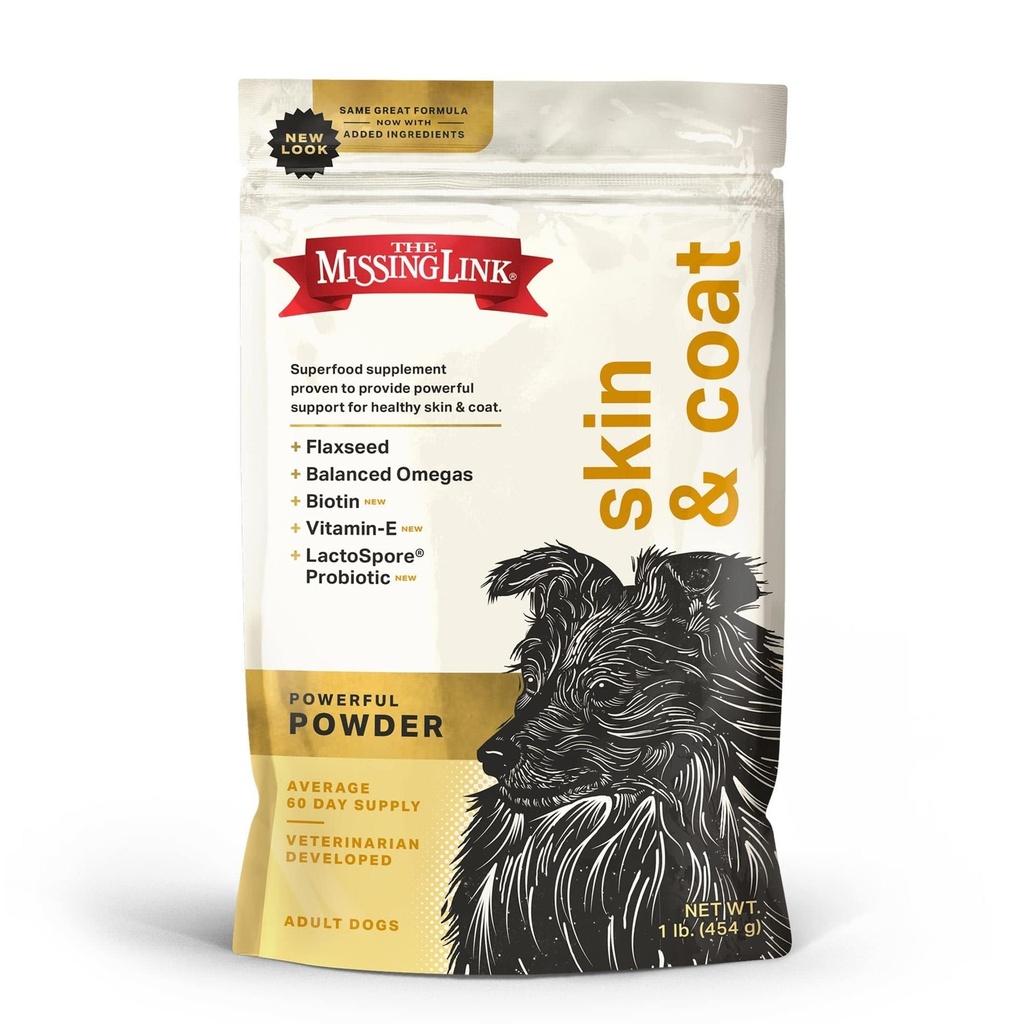 缺少的链接皮肤和外套+ Probiotics 补充 1lb Bag - 强大的超食品粉 用于狗支持健康皮肤和光滑的外套,促进毛发生长