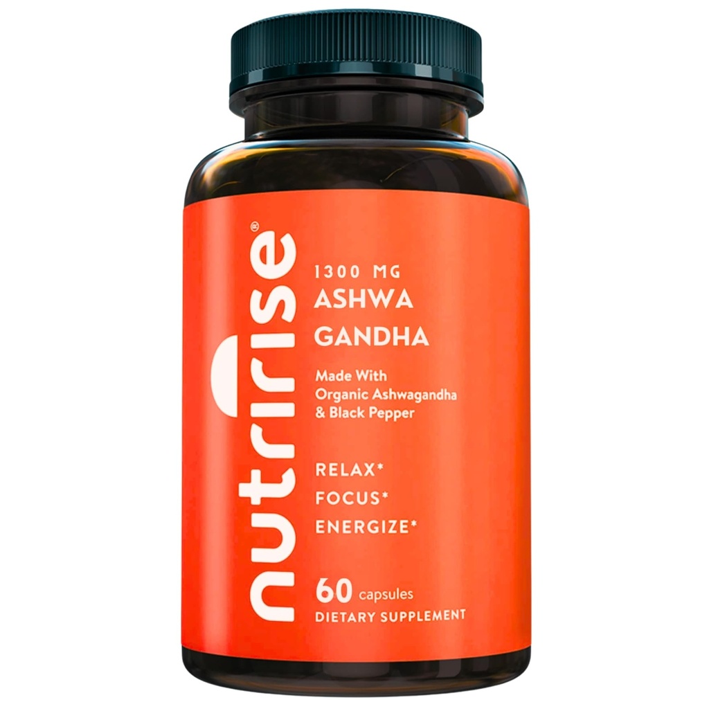 NutriRise Organic Ashwagandha Root Capsules with Black Pepper, 1300mg, Natural Stress & Mood, Thyroid & Immune Support Supplement, Clarity, Focus & Energy, Gluten Free, 60 Count