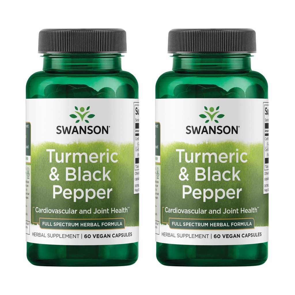 Swanson Turmeric & Black Pepper - 有机联合健康,心脏健康,文摘,和肝脏支持补充 - 增强生物利用率和吸收的自然公式 - (60 Veggie Capsules) 2 Pack