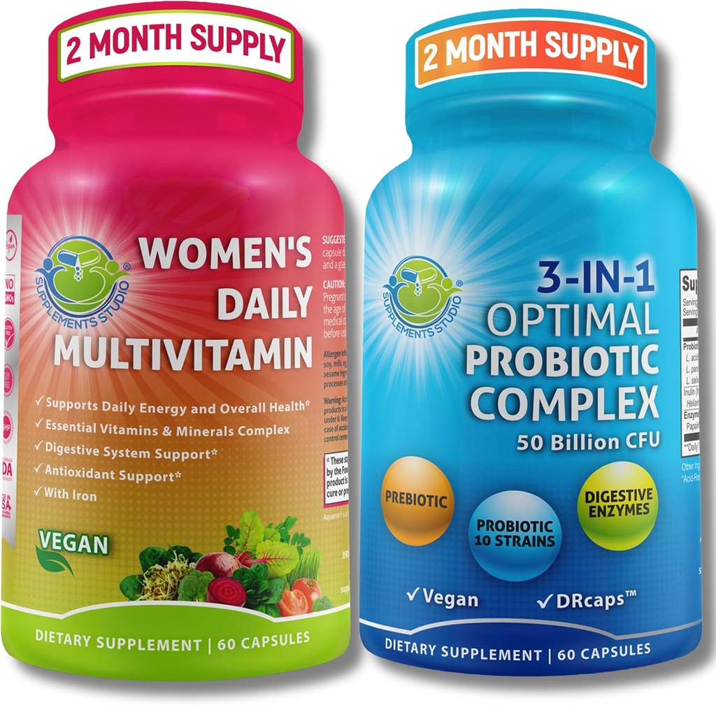 女性多维他明与Probiotic支持 Bundle – 3-in-1 配有消化酶与Prebiotic & Women Daily 多维他明配铁 - Vegan,非GMO,清洁日常健康支持