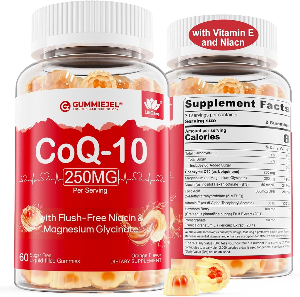 无糖CoQ10 填充胶体250MG,Coenzyme Q10 w/Magnesium Glycnate,Niacin No-Flush维生素B3,E & Folic酸,HEA-rt的高吸收CoQ10,细胞能和抗氧化剂