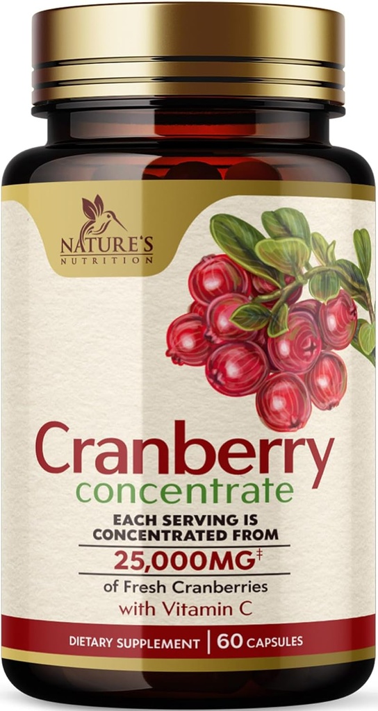 Cranberry Pills 补充 25,000mg - 新鲜 Cranberry 等效于维生素C & E - 尿液Tract 健康支持,无糖配方,果粉提取 - 非GMO,美国瓶装 - 60 Capsules