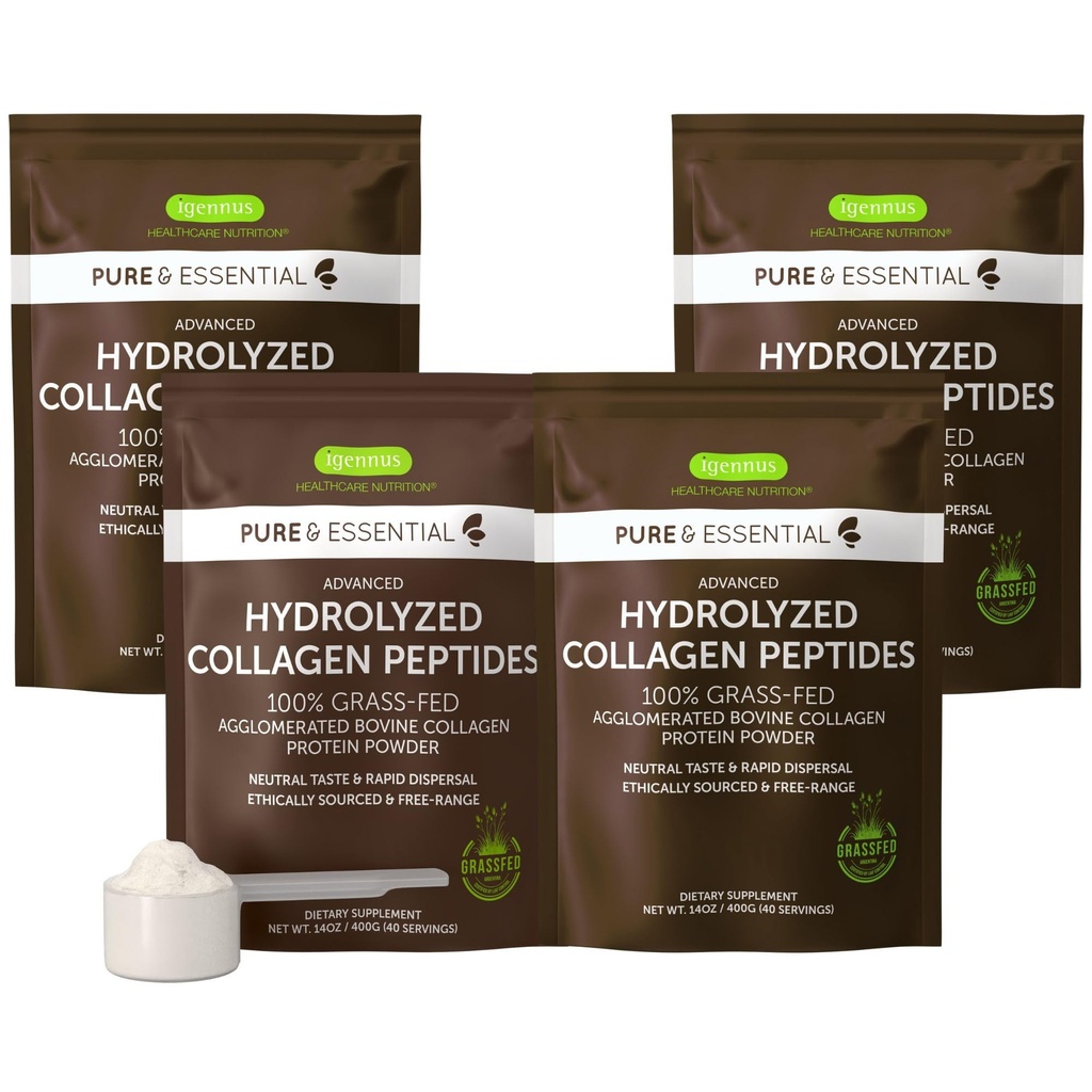 Igennus 100% Grass Fed Bovine Collagen 蛋白粉, 最高等级水解Collagen Peptides 第1, 2 & 3类,适用于女性和男性,非GMO, Free Range, Clean Label, Easy Mix, 4 x 40 服务
