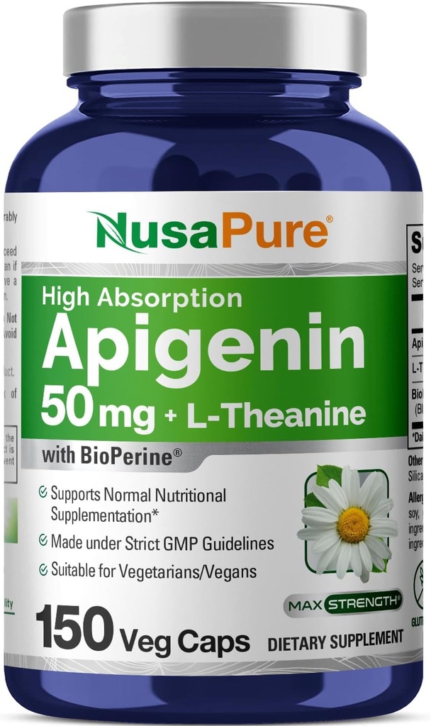NusaPure Apigenin 50mg & L-Theanine 200mg, 150 Veggie Capsules, Bioperine (非GMO, Gluten Free) (无胶囊)