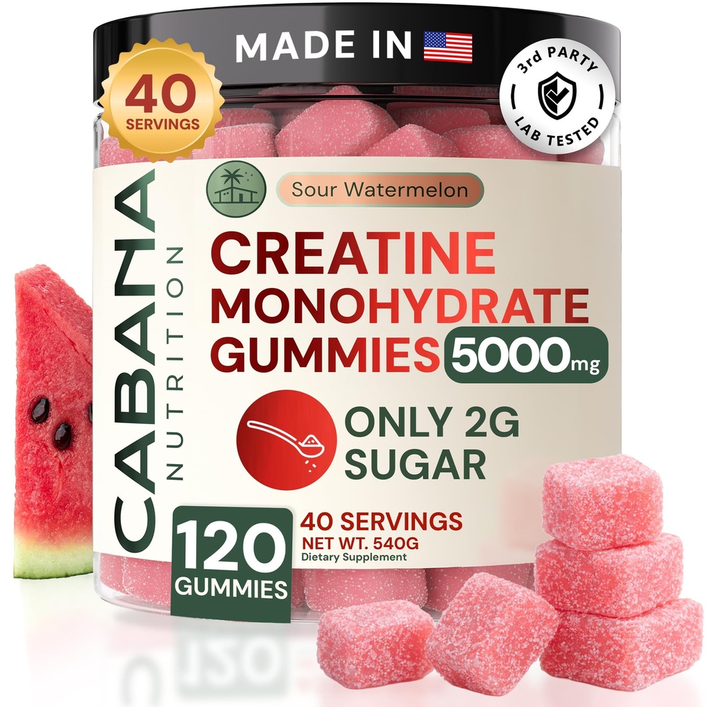 Creatine Monohydrate Gummys 5g - 只有2g Sugar, 在美国制造 - Sour 西瓜糖 - Vegan & 3rd Party Tested - 男女工作前和工作后补充(120个计数,40个服务对象)