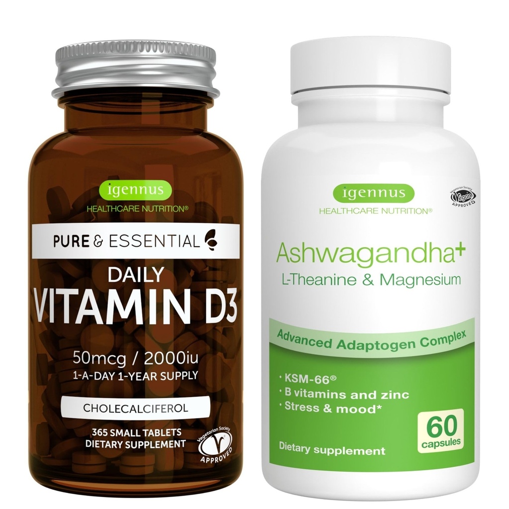 每日维生素D3 + Ashwagandha + L- Theanine & Magnesium Vegetarian Bundle,365 2000iu 维生素D3 片+ 600mg KSM-66 Ashwagandha 配有锌和乙类维生素,由伊根努斯制作