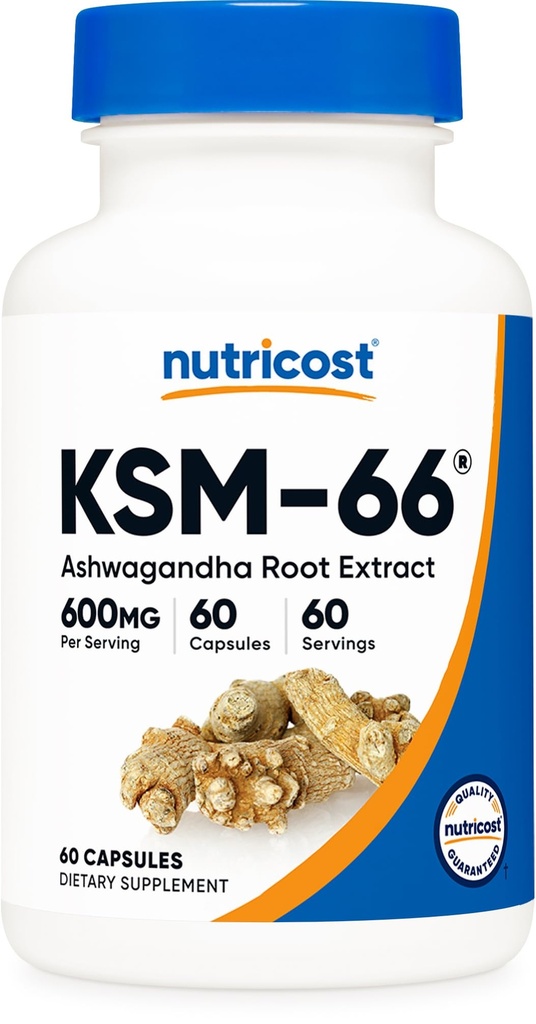 营养成本 KSM-66 Ashwagandha 根提取器 600mg, 60 Veggie Caps - 5% Withanolides - 带有 BioPerine - 全Spectrum 根提取器
