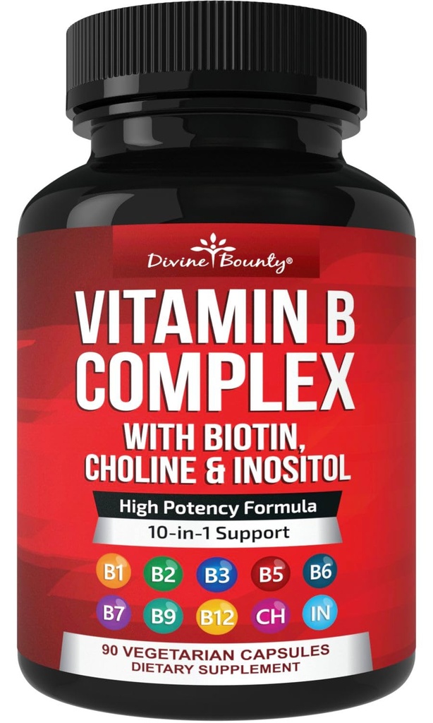 Divine Bounty Super B 复合维生素 - 所有B 维生素包括B12,B1,B2,B3,B5,B6,B7,B9,Folic Acid - 维生素B 补充 - 支持健康能源代谢 - 90 植物卡普尔.
