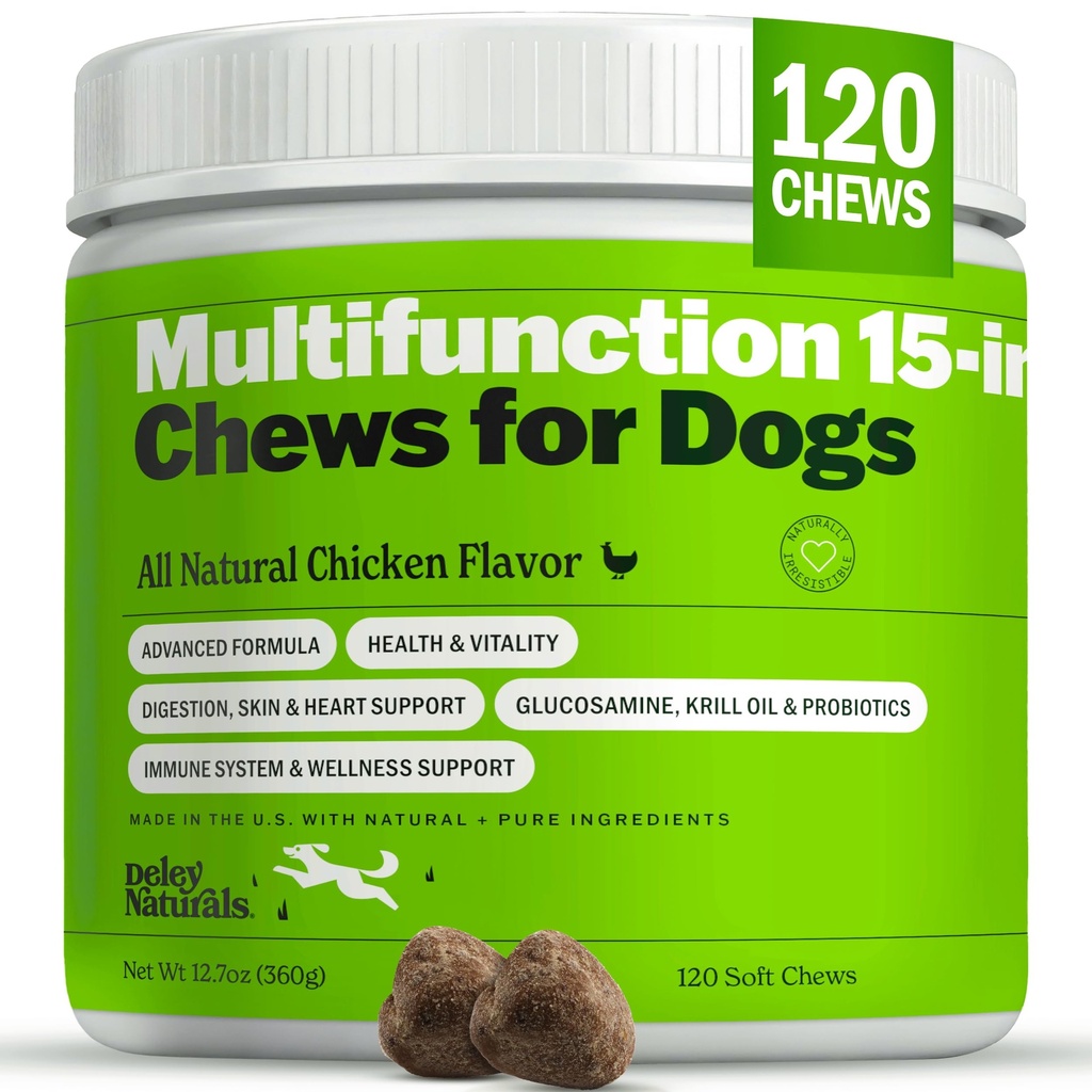 Deley Naturals 15 in 1 Multivitamin for Dogs - 完整的狗维生素和辅料 免疫支持,联合,皮肤,文摘,心脏和整体健康 - 每日多功能补充品 - 120 Chews